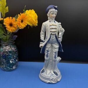 Porcelain Figure Musician with Violin Blue White Gold Trim Floral Design 13”Tall